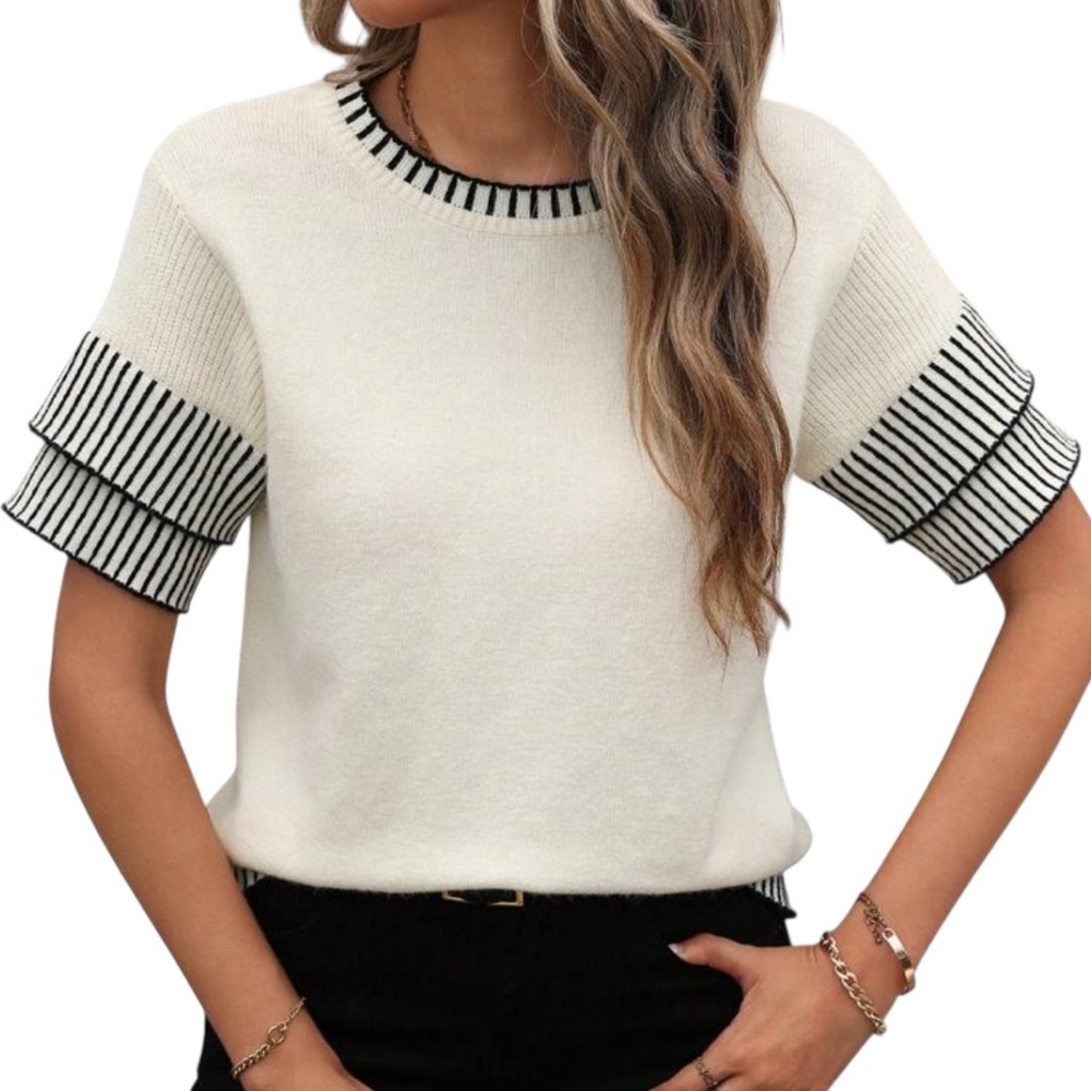 Women's Cream with Black Stripe Contrast Trim Knit Blouse Short Sleeve, Sz Med